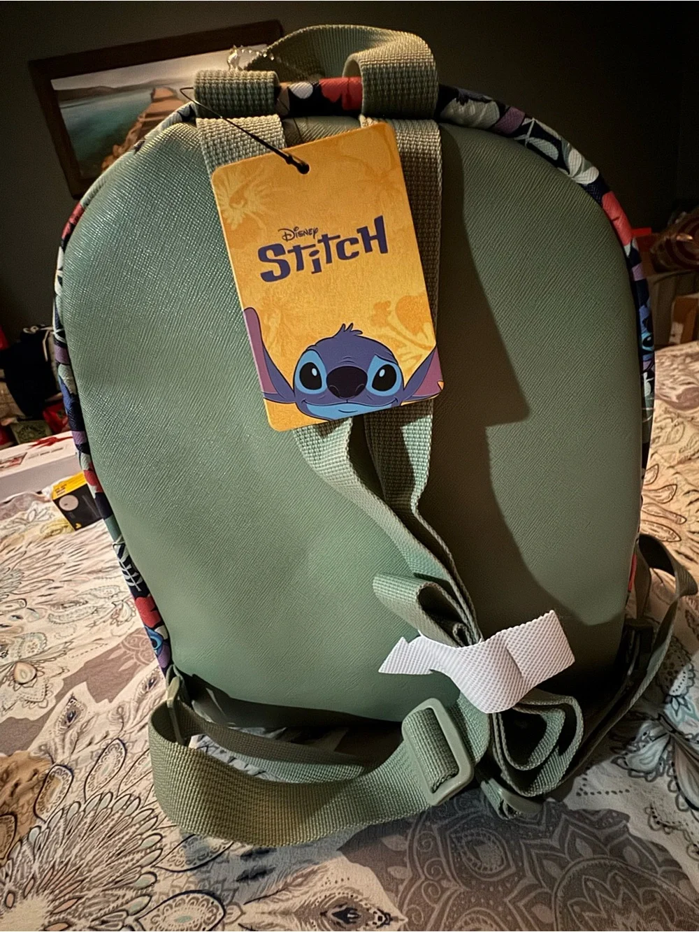Disney Stitch Tropical Floral Print Mini Backpack Green w/ Front Zip Pocket